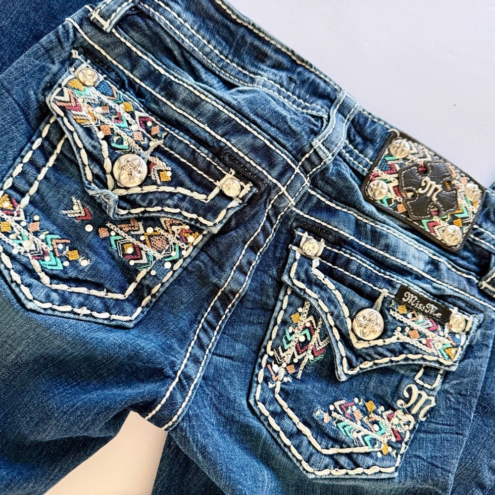 Miss Me Girls’ Dark Blue Skinny Jeans with Embroidered Pockets- Size 8